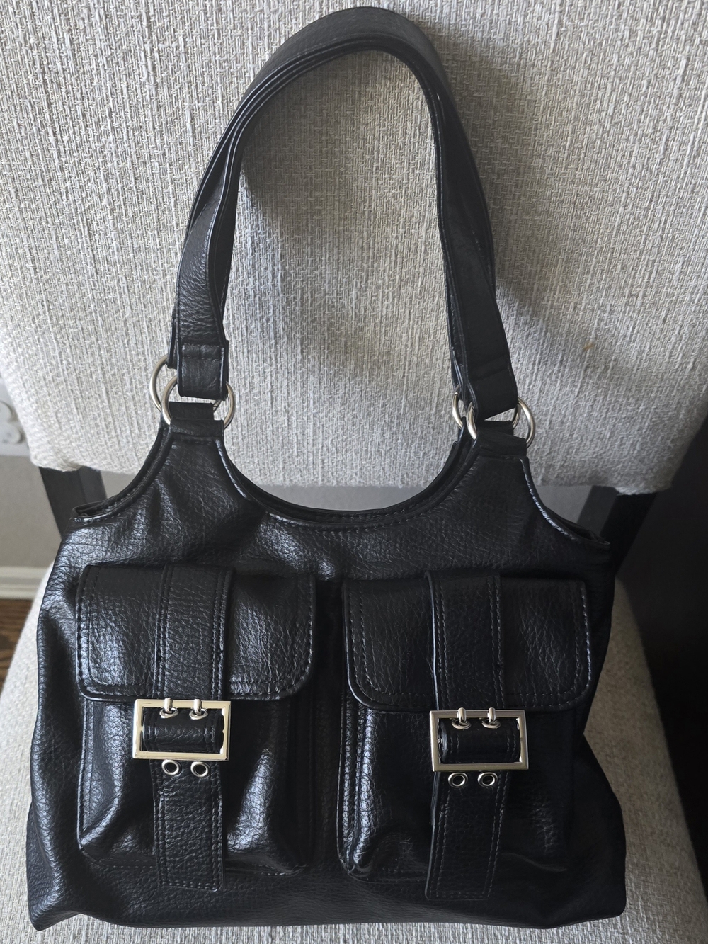 Black Leather Shoulder Bag with Front Buckle Pockets